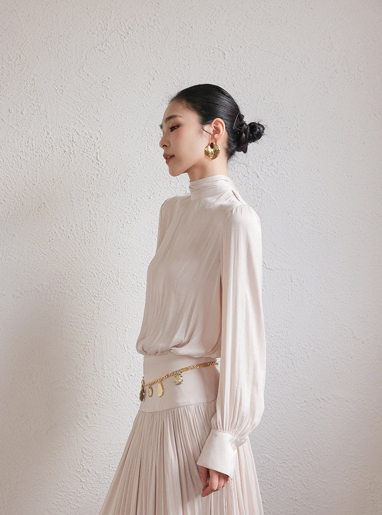 Satin Dress with Pleated Waist - Long Sleeve Champagne
