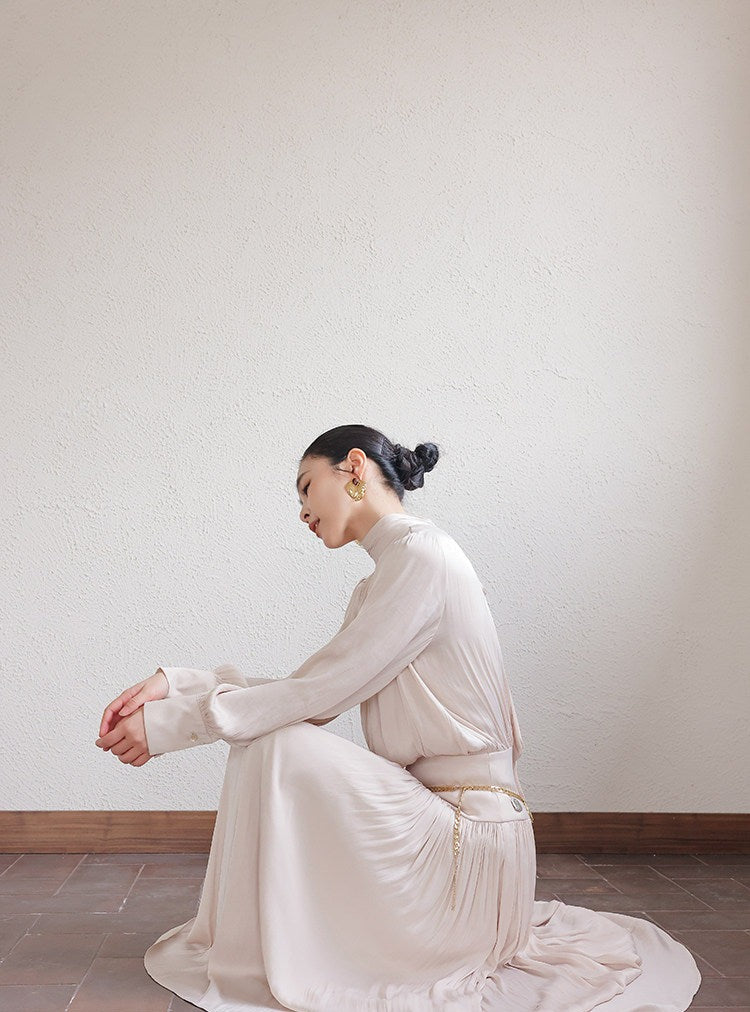 Satin Dress with Pleated Waist - Long Sleeve Champagne