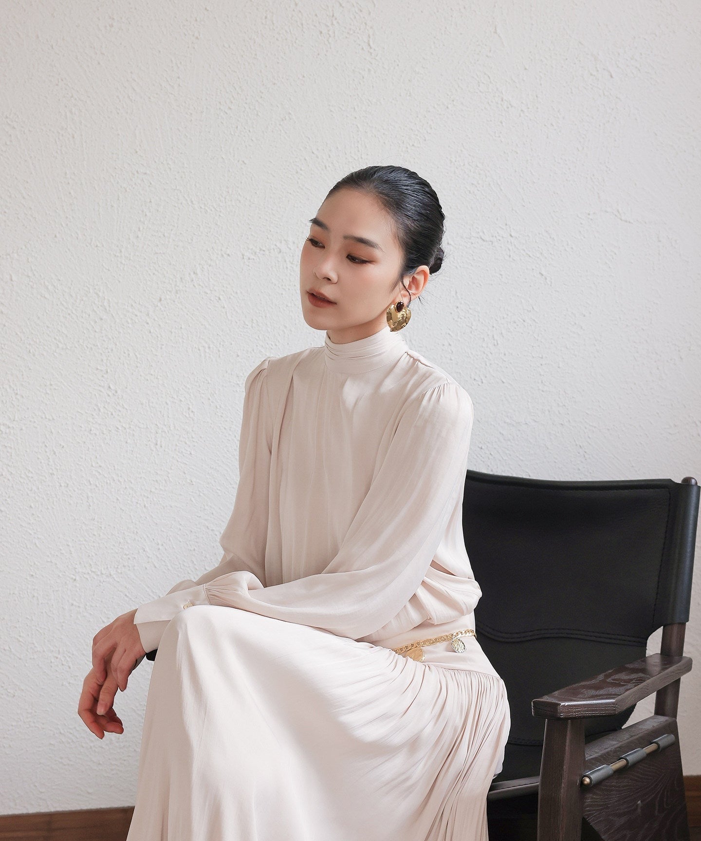 Satin Dress with Pleated Waist - Long Sleeve Champagne