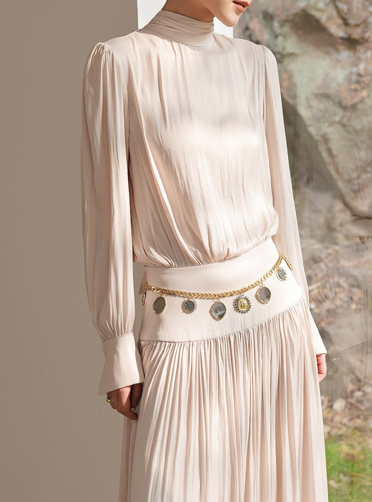 Satin Dress with Pleated Waist - Long Sleeve Champagne