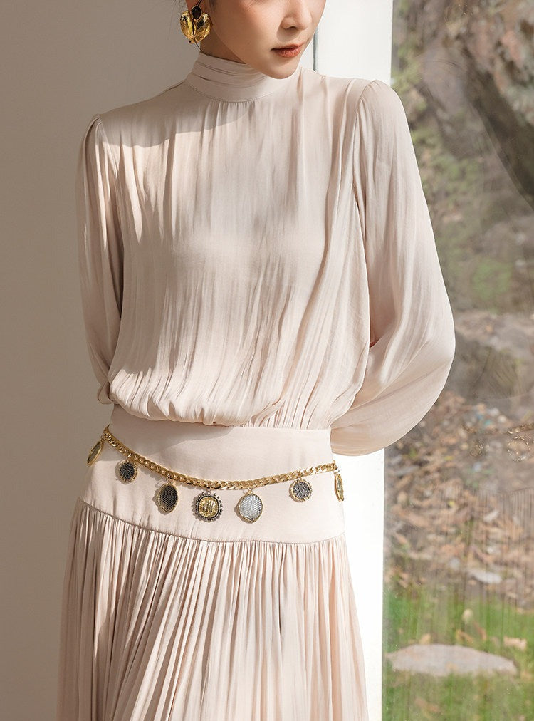 Satin Dress with Pleated Waist - Long Sleeve Champagne
