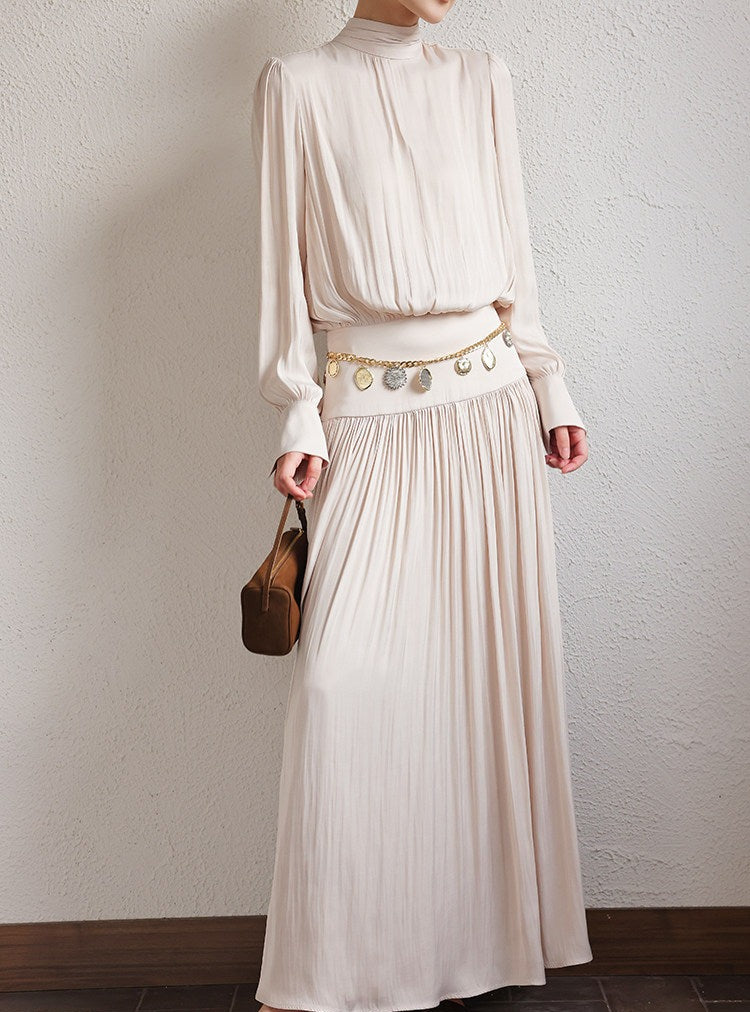 Satin Dress with Pleated Waist - Long Sleeve Champagne