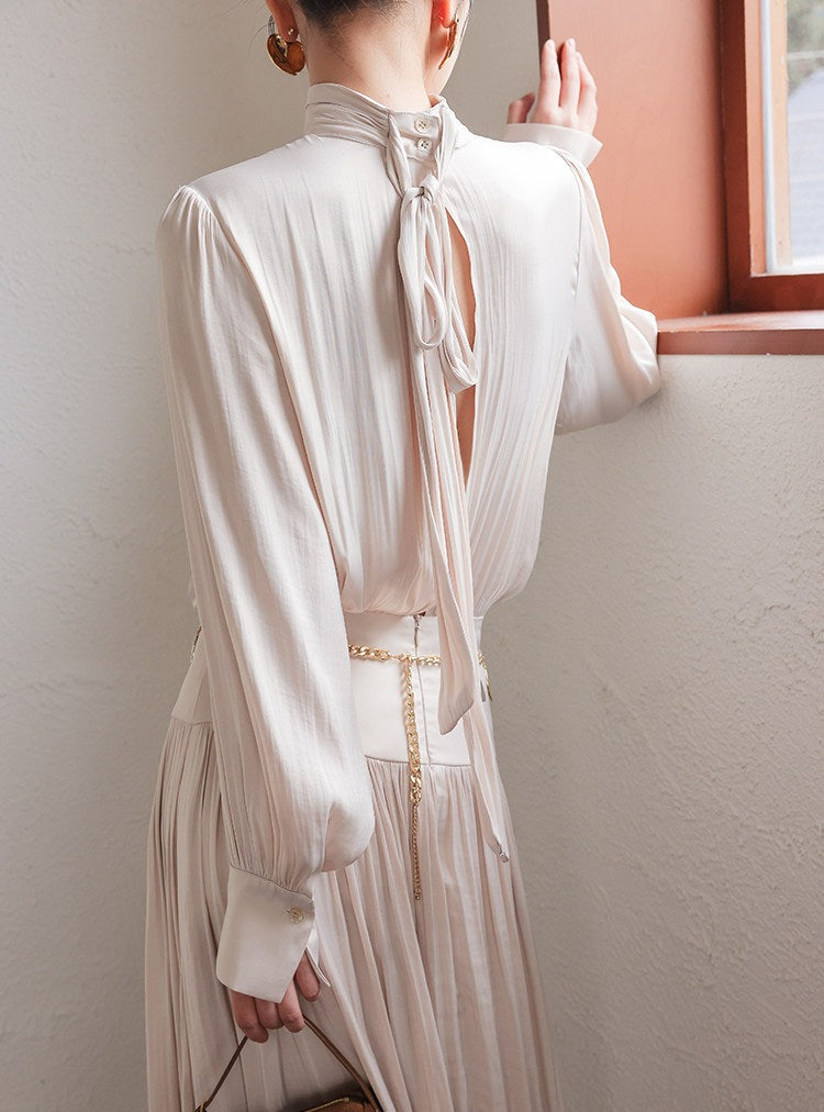 Satin Dress with Pleated Waist - Long Sleeve Champagne