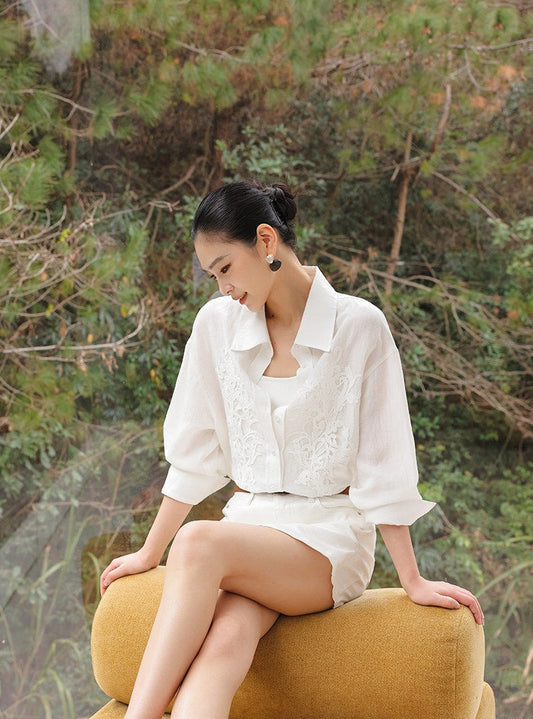 Embossed Viscose Shirt - Loose Fit White Top