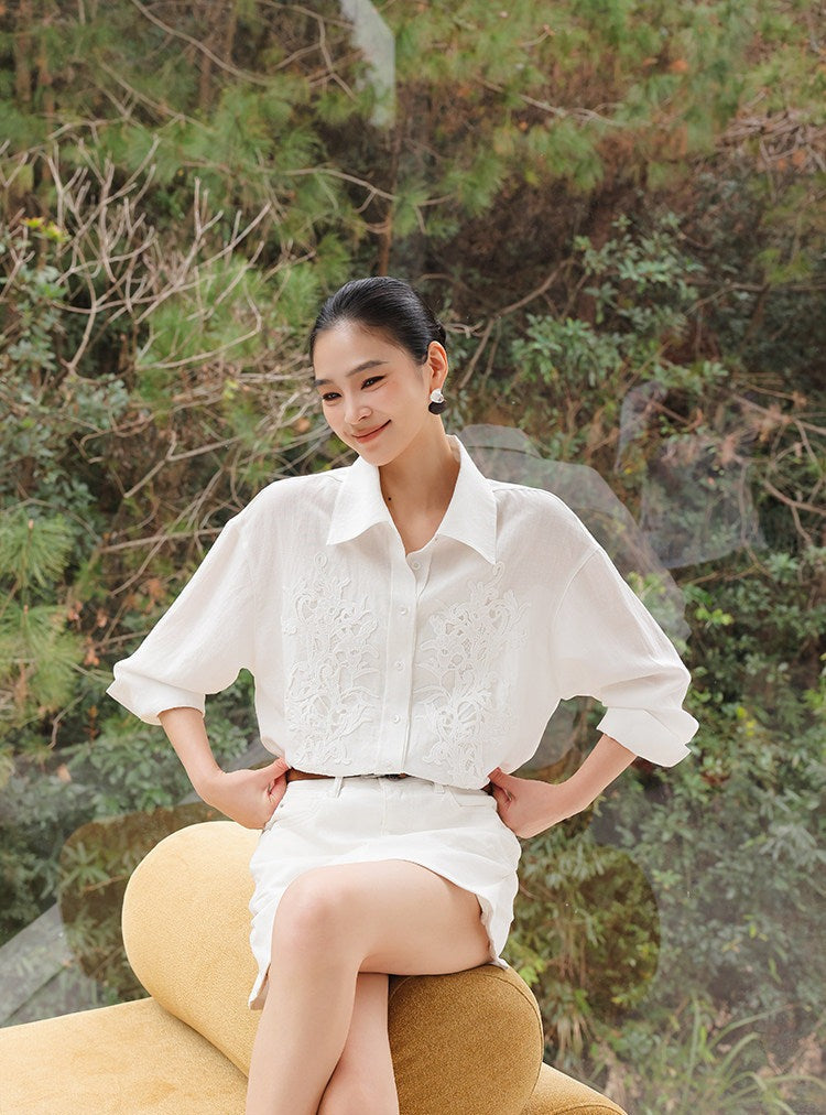Embossed Viscose Shirt - Loose Fit White Top