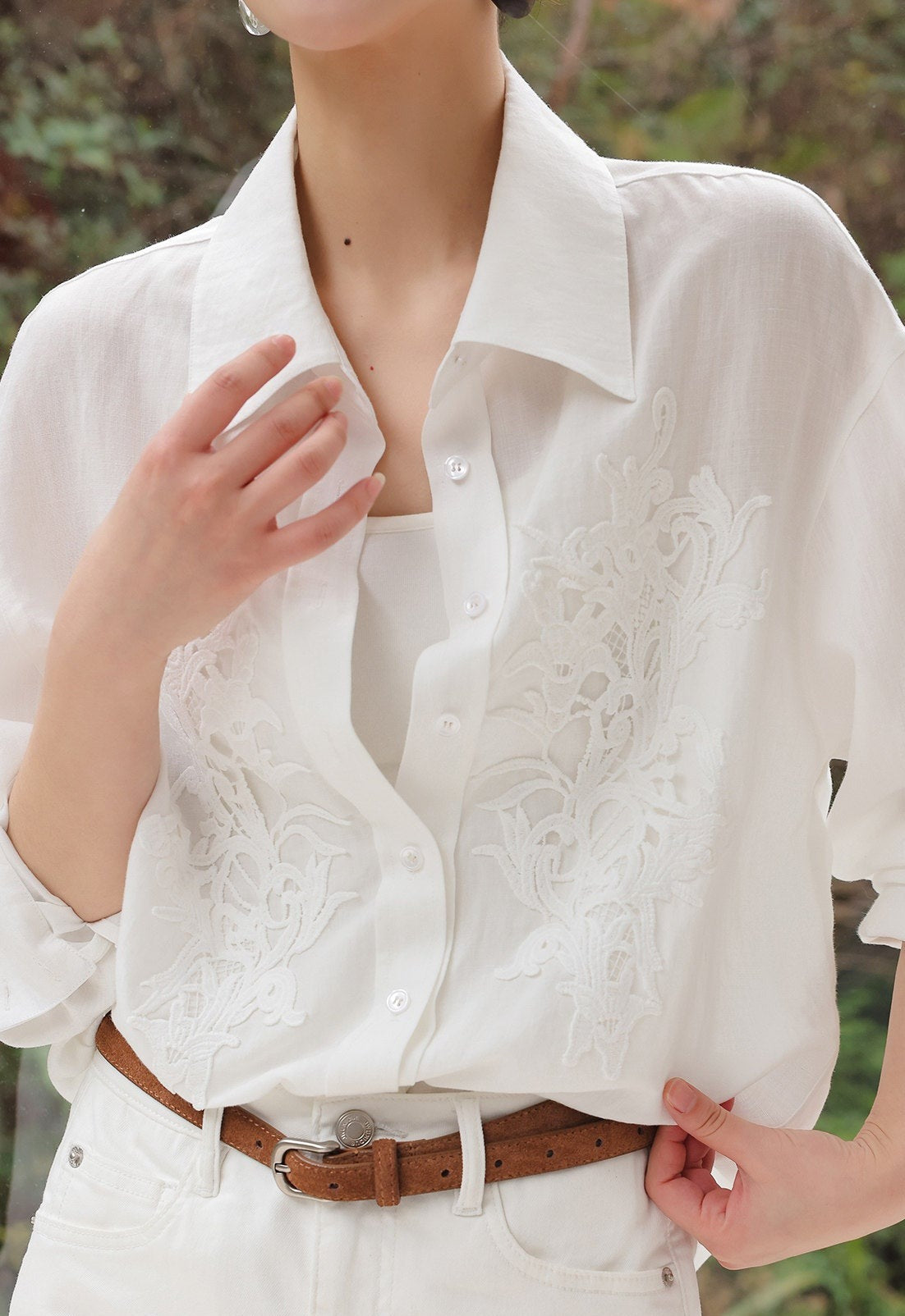 Embossed Viscose Shirt - Loose Fit White Top