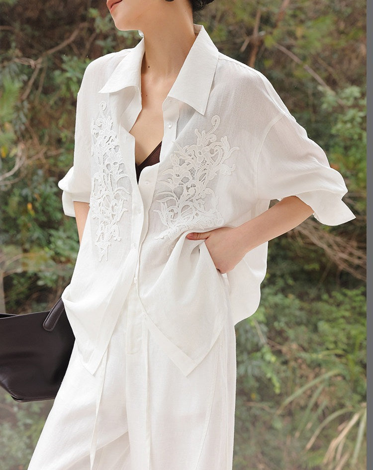 Embossed Viscose Shirt - Loose Fit White Top
