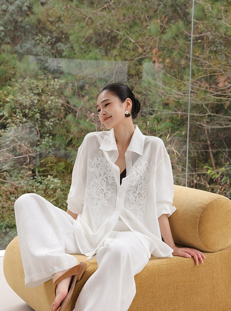 Embossed Viscose Shirt - Loose Fit White Top
