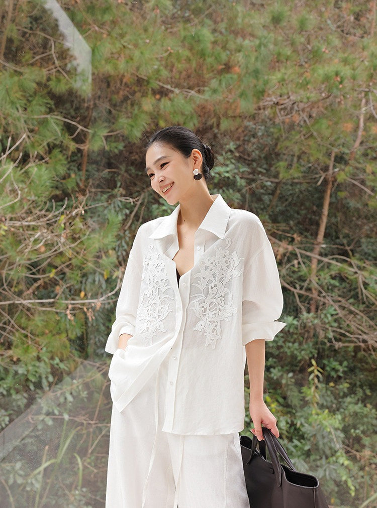 Embossed Viscose Shirt - Loose Fit White Top