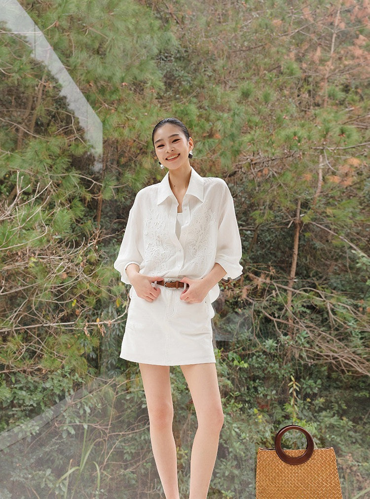Embossed Viscose Shirt - Loose Fit White Top