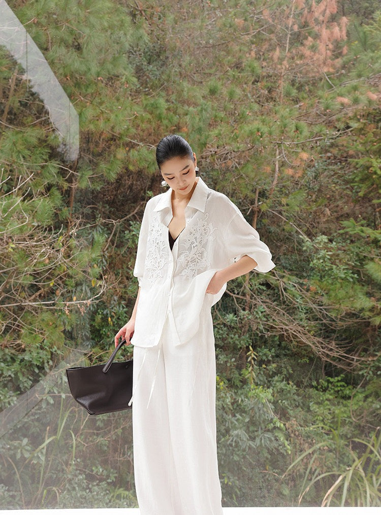 Embossed Viscose Shirt - Loose Fit White Top