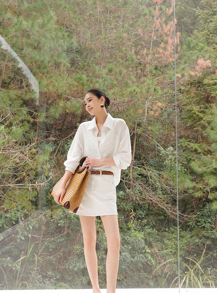 Embossed Viscose Shirt - Loose Fit White Top