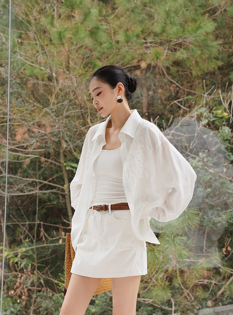 Embossed Viscose Shirt - Loose Fit White Top