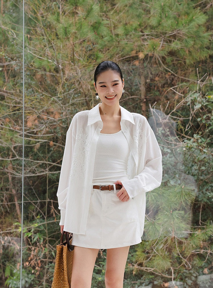 Embossed Viscose Shirt - Loose Fit White Top