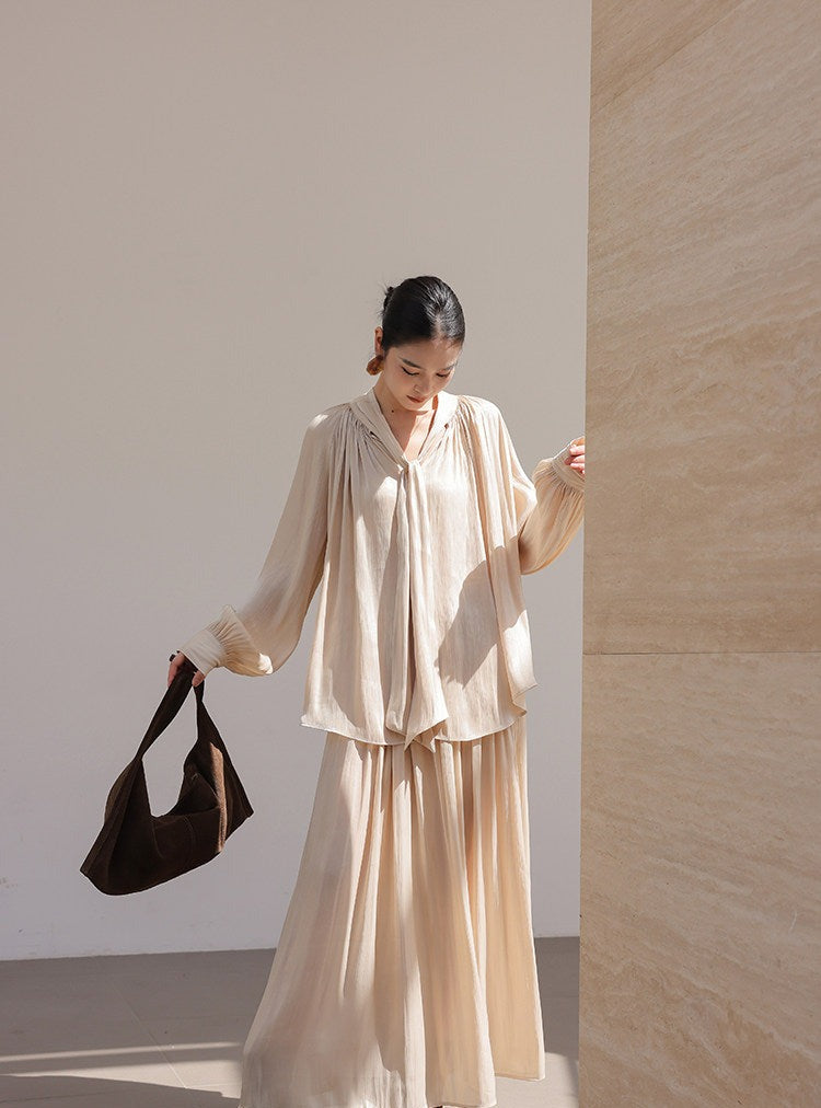Champagne Viscose Set - Ruffled Top and Skirt