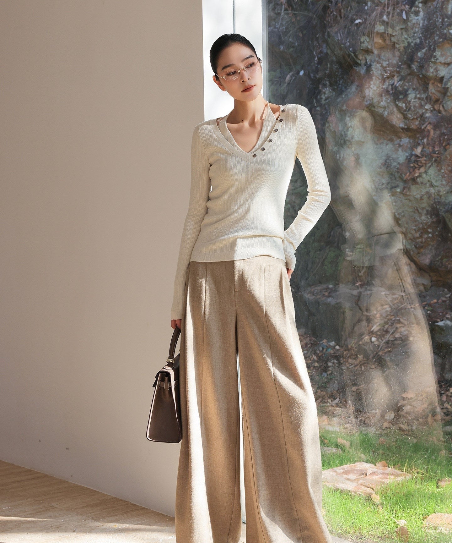 Oatmeal Wide-Leg Trousers - Minimalist Style