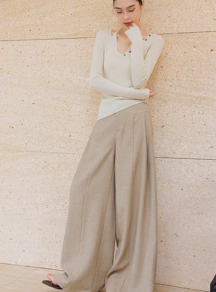 Oatmeal Wide-Leg Trousers - Minimalist Style
