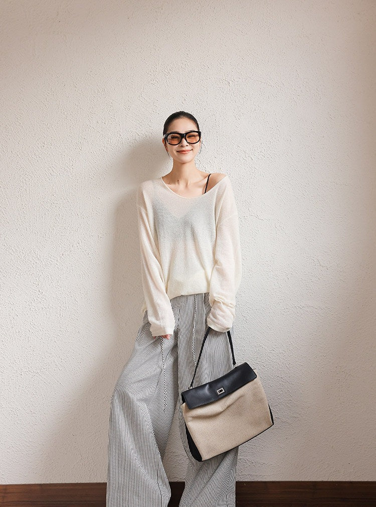 Polyester Wide-Leg Pants - Black Stripe
