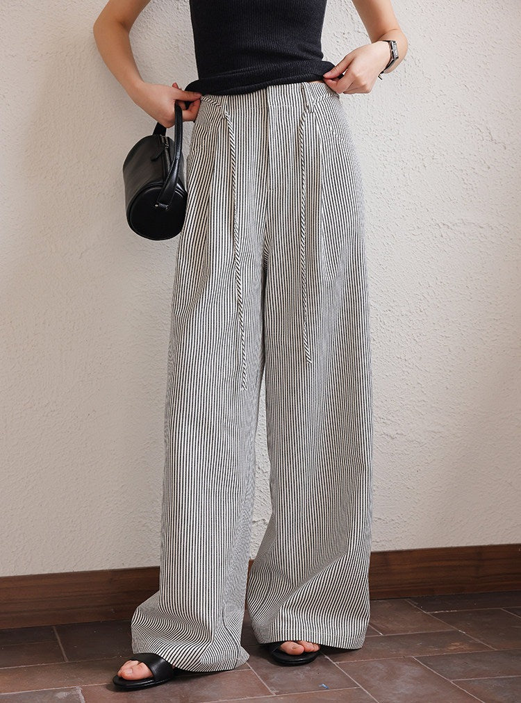 Polyester Wide-Leg Pants - Black Stripe