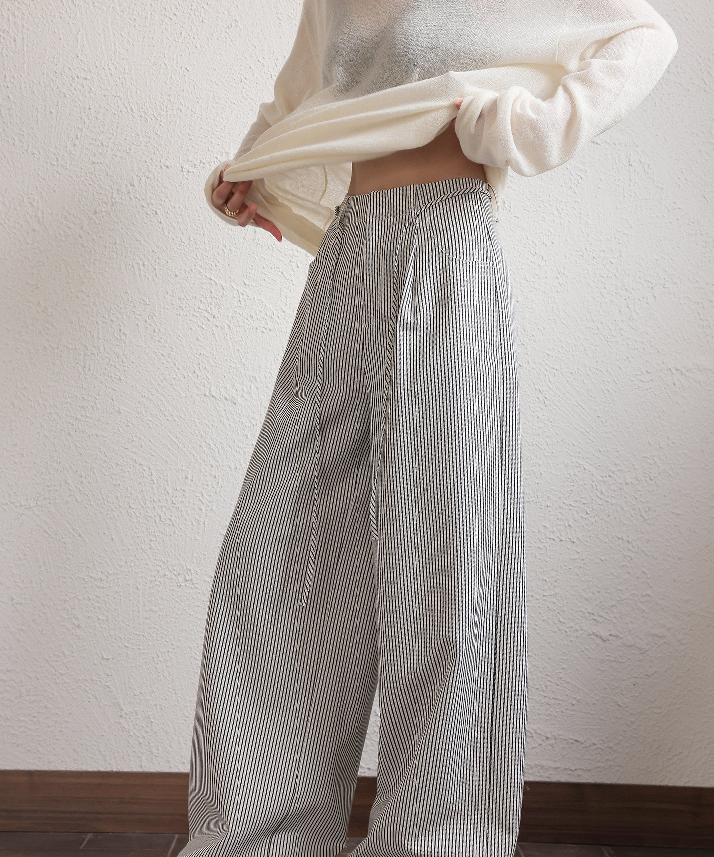 Polyester Wide-Leg Pants - Black Stripe