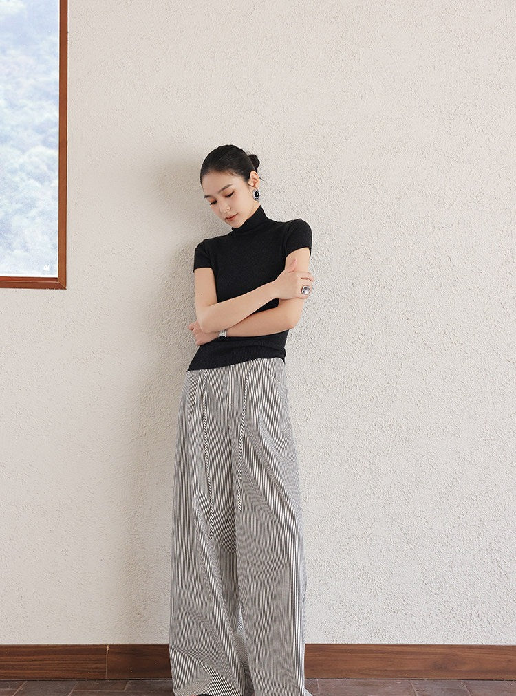 Polyester Wide-Leg Pants - Black Stripe