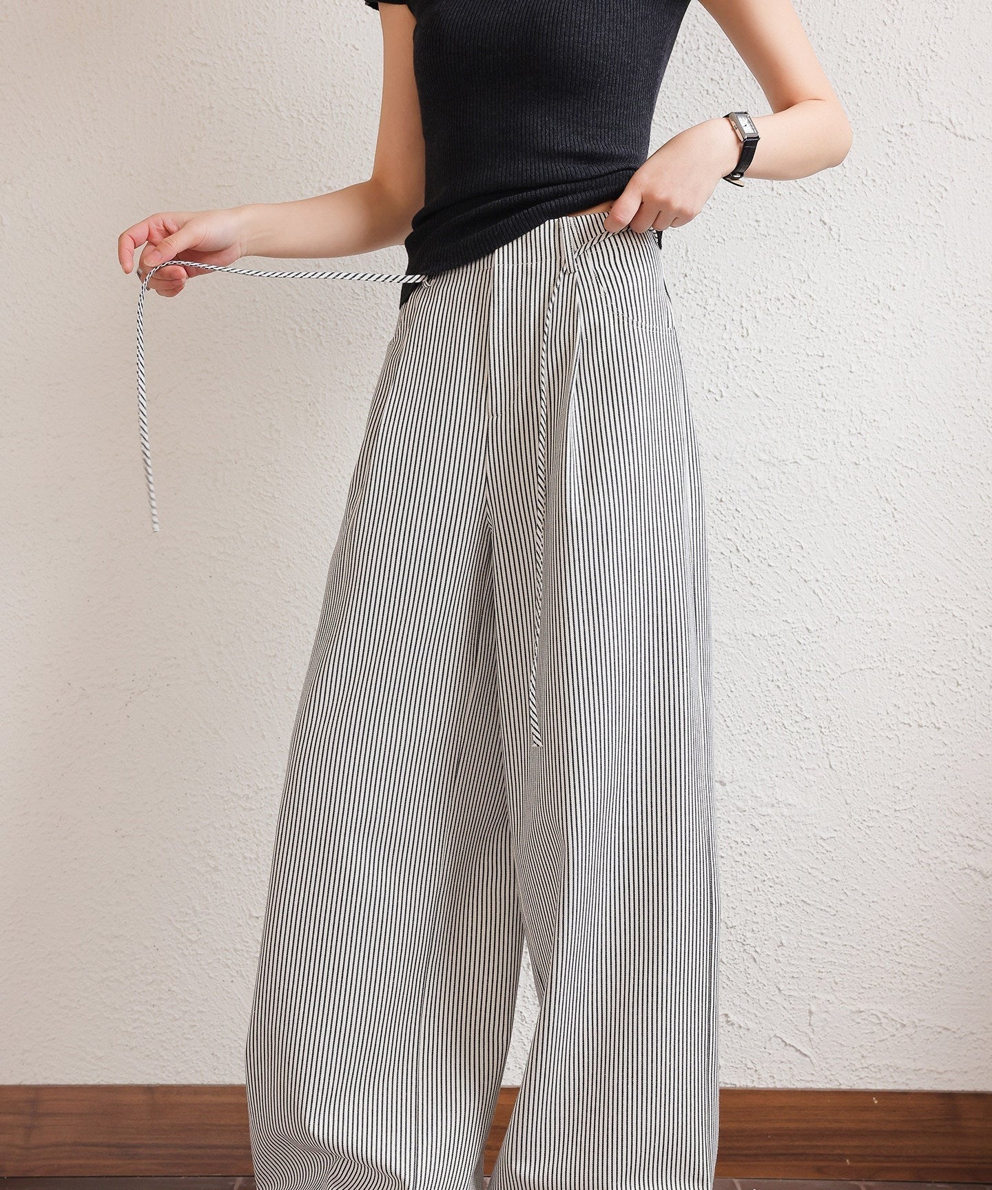 Polyester Wide-Leg Pants - Black Stripe