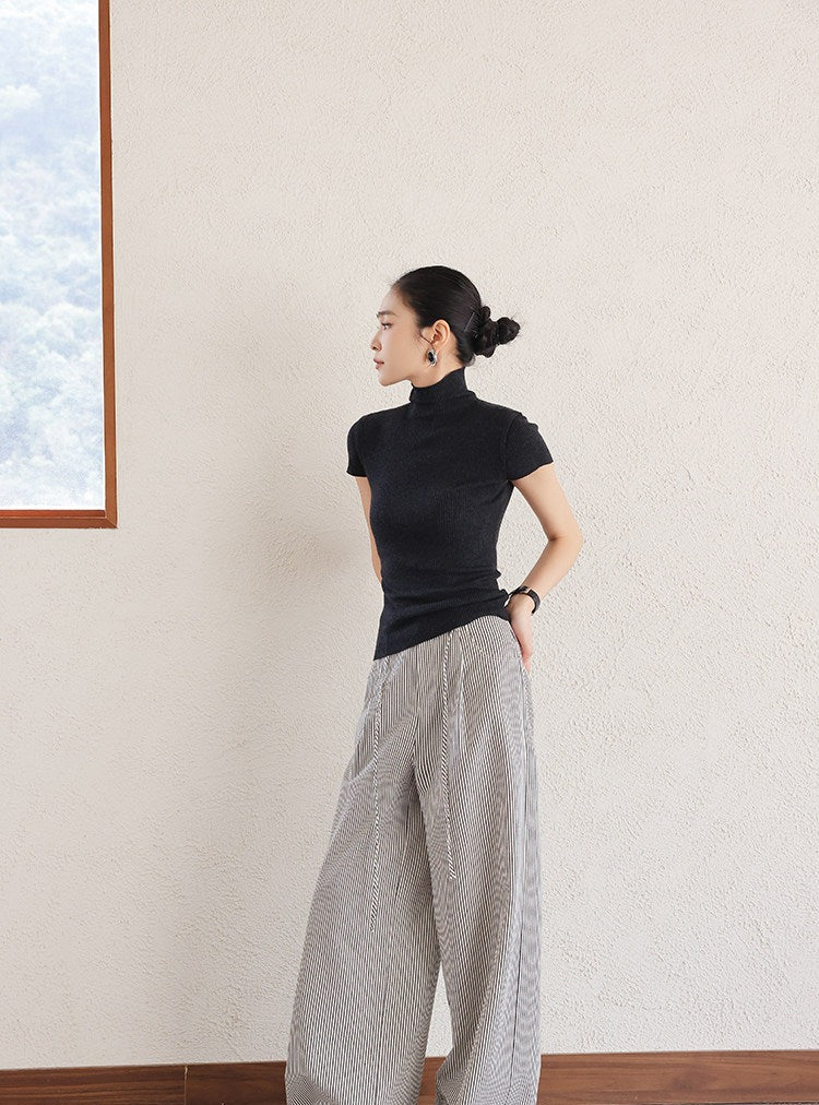 Polyester Wide-Leg Pants - Black Stripe