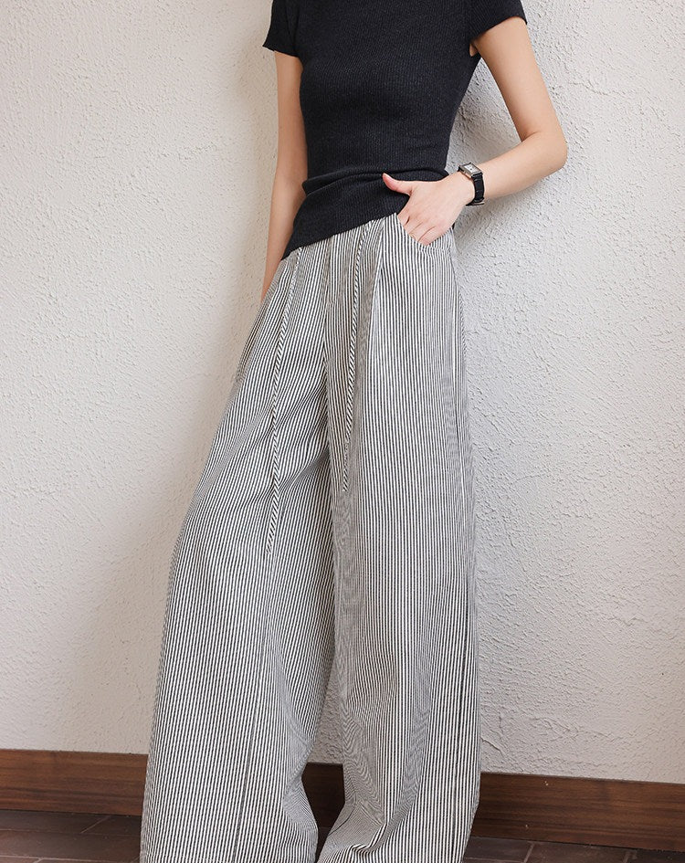 Polyester Wide-Leg Pants - Black Stripe