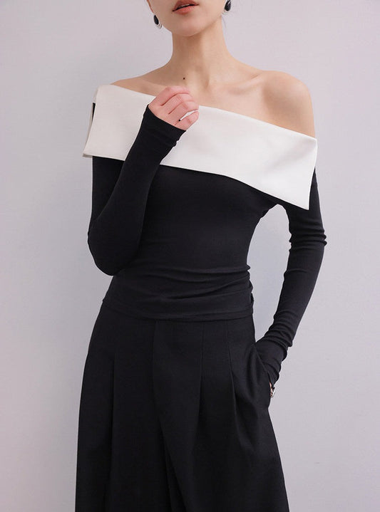 Atasan Off-Shoulder Katun - Kontras Hitam dan Putih