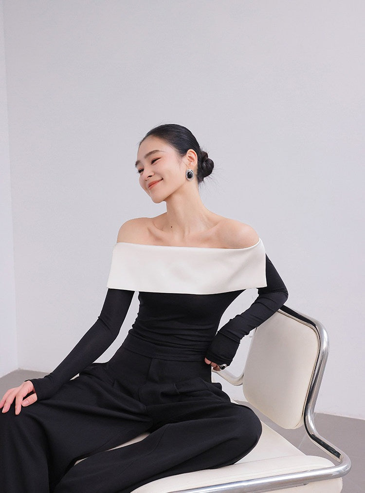 Cotton Off-Shoulder Top - Black and White Contrast