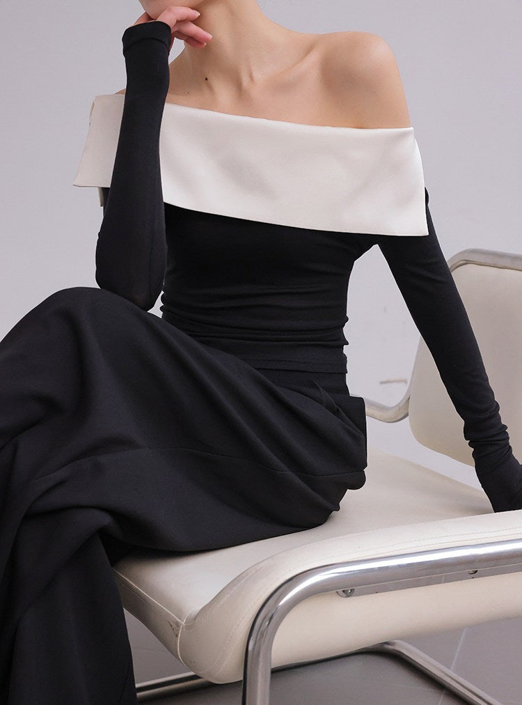 Cotton Off-Shoulder Top - Black and White Contrast