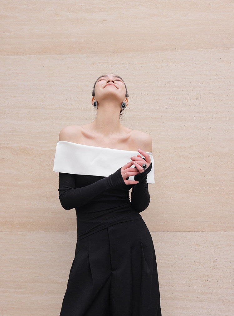 Cotton Off-Shoulder Top - Black and White Contrast