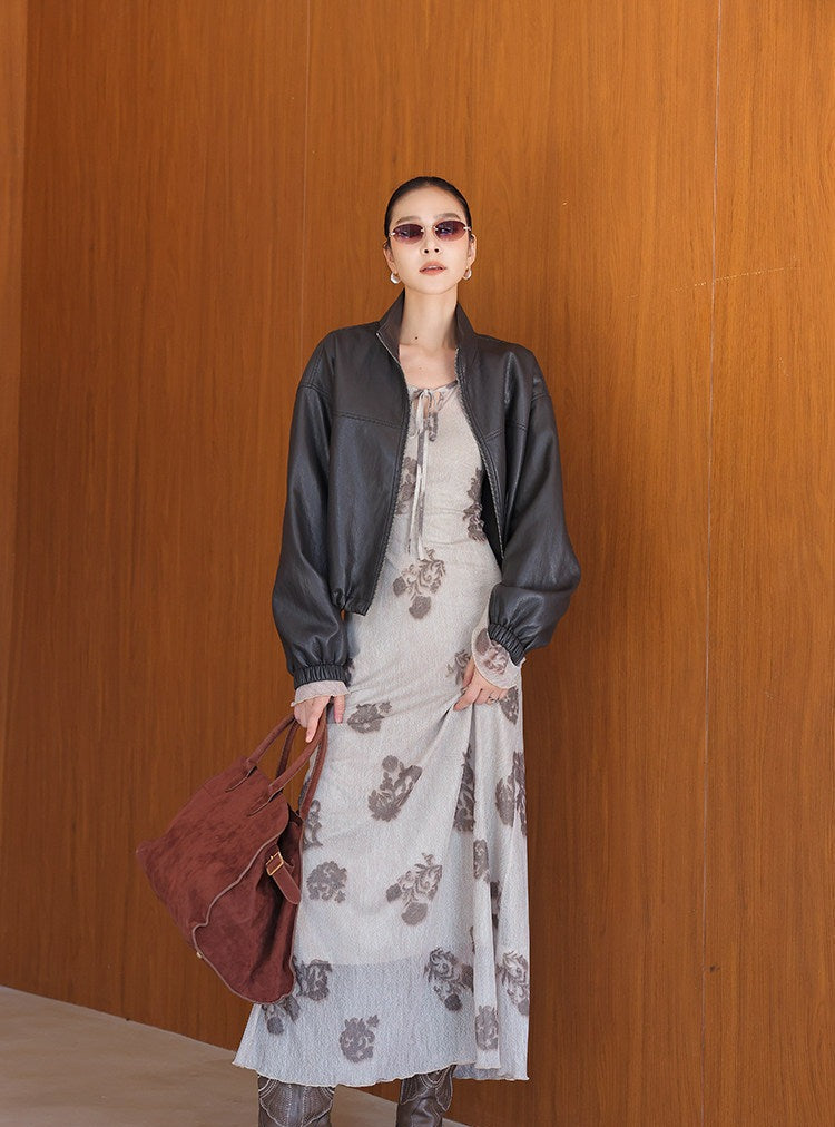 Gaun Viskosa Floral - Leher Bulat Vintage yang Pas