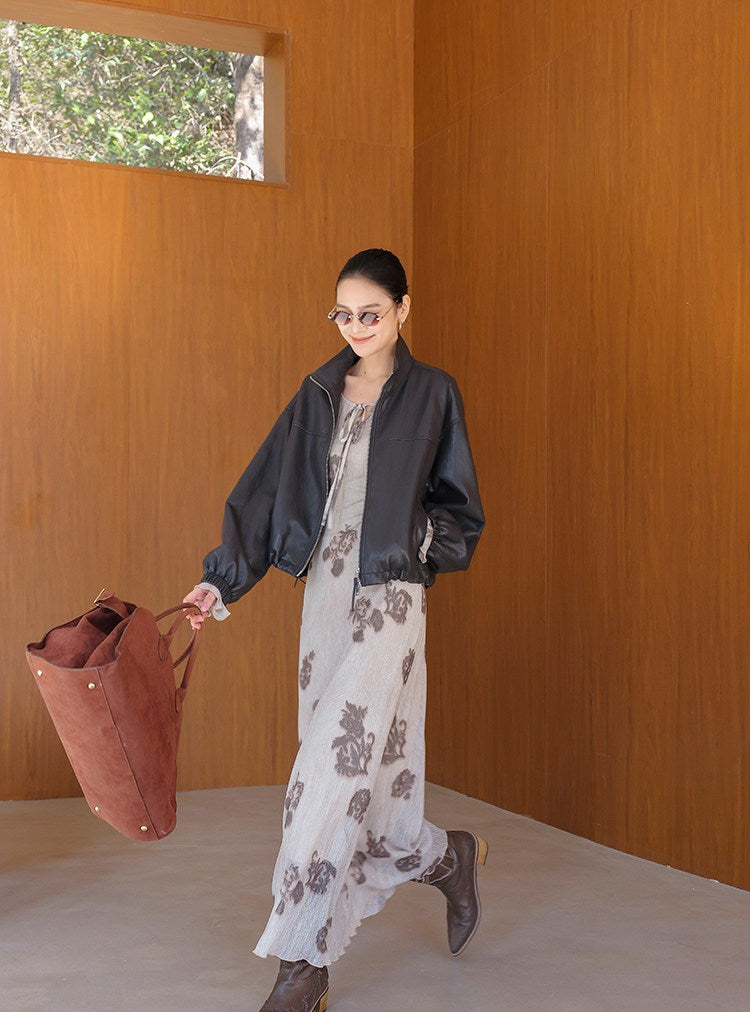 Gaun Viskosa Floral - Leher Bulat Vintage yang Pas