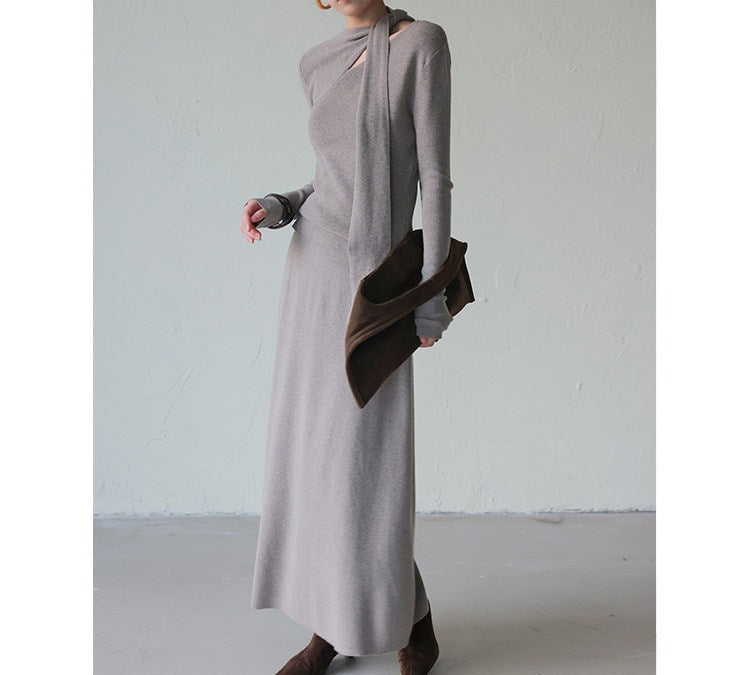 Knitted Set - Scarf Collar Top and Long Skirt
