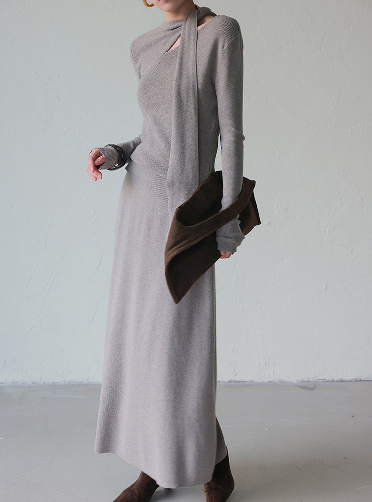 Knitted Set - Scarf Collar Top and Long Skirt