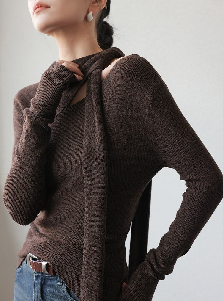 Knitted Set - Scarf Collar Top and Long Skirt