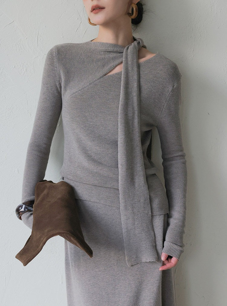 Knitted Set - Scarf Collar Top and Long Skirt