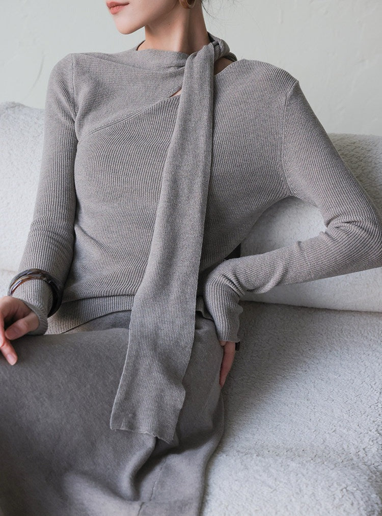 Knitted Set - Scarf Collar Top and Long Skirt