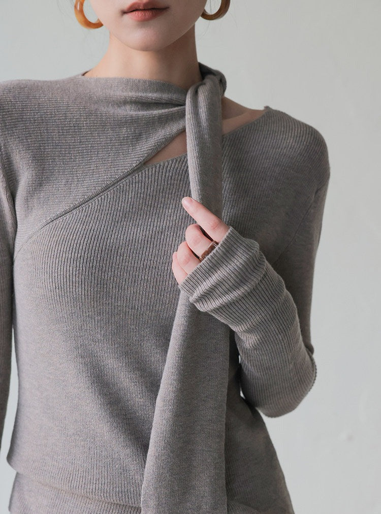 Knitted Set - Scarf Collar Top and Long Skirt