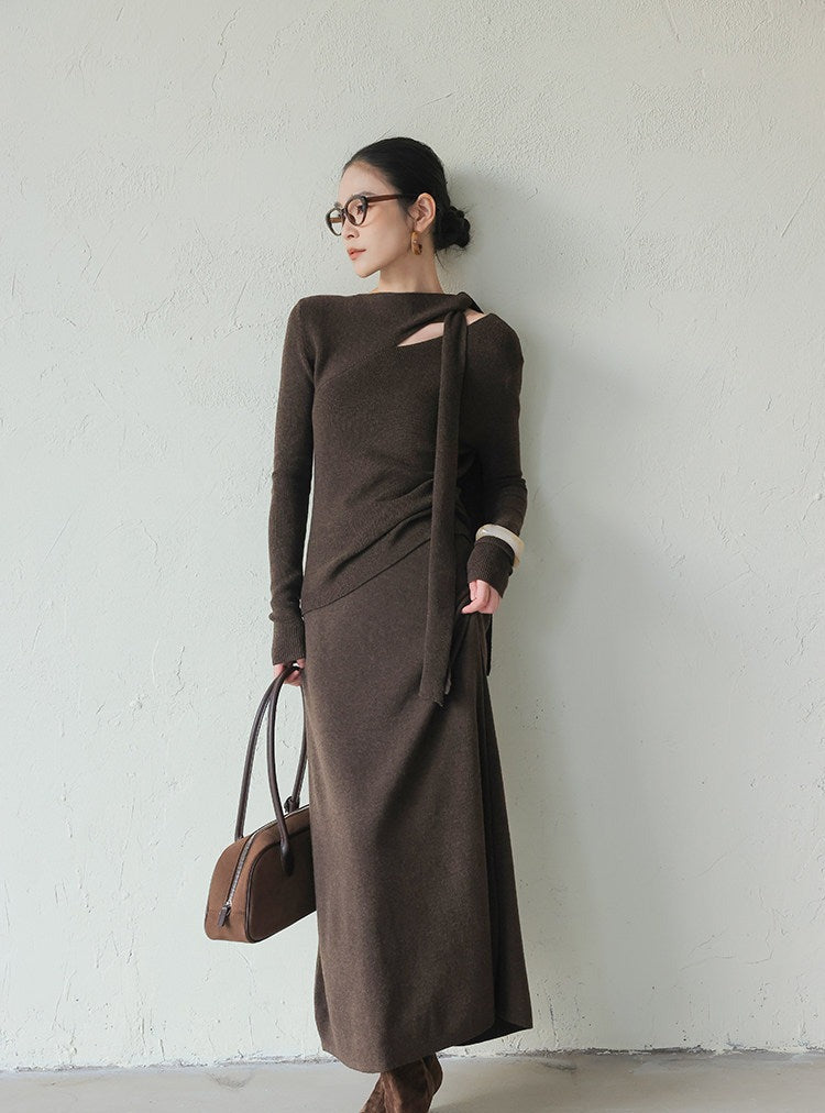 Knitted Set - Scarf Collar Top and Long Skirt