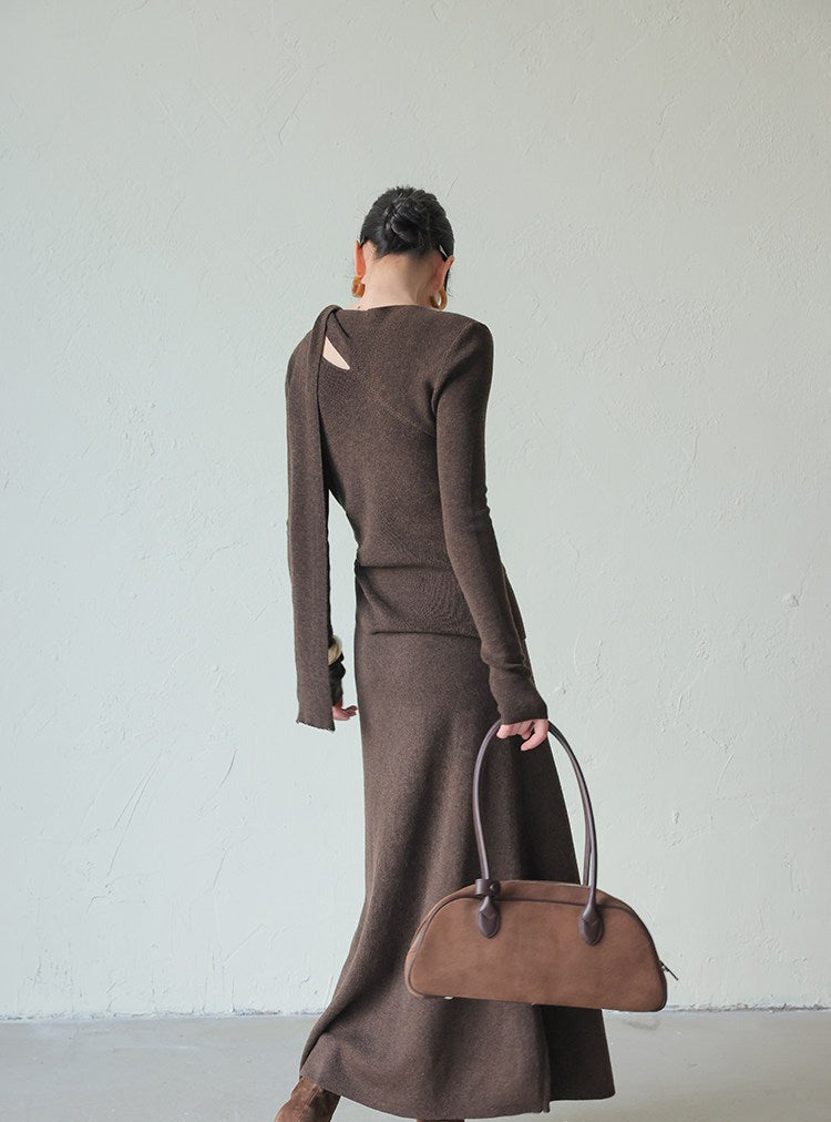 Knitted Set - Scarf Collar Top and Long Skirt