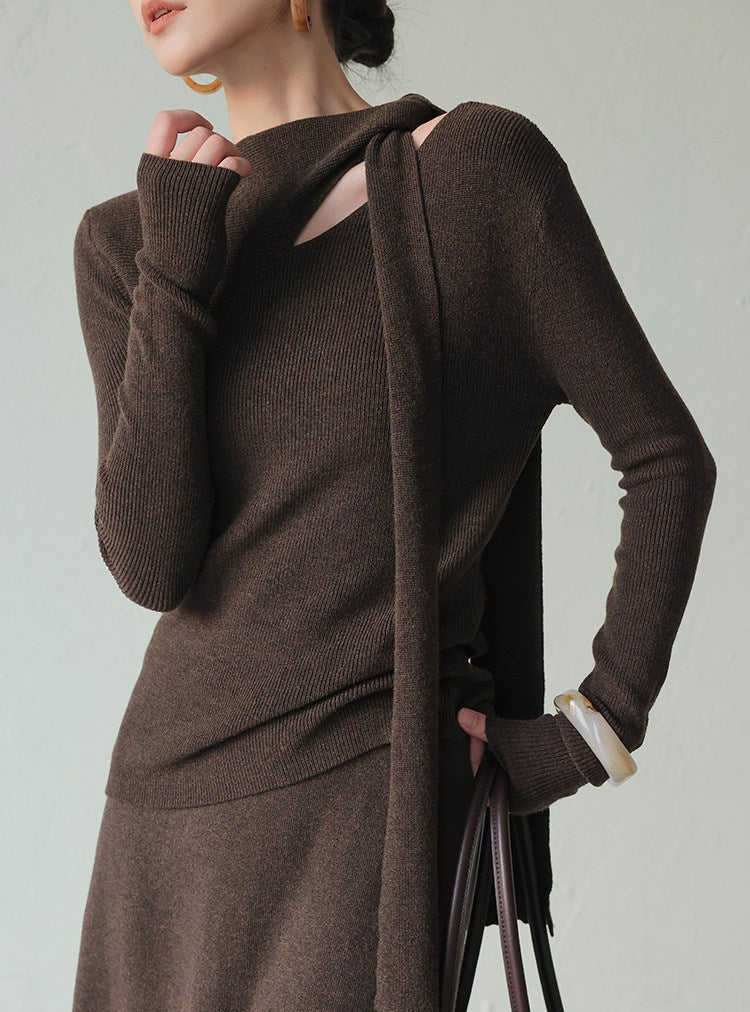 Knitted Set - Scarf Collar Top and Long Skirt