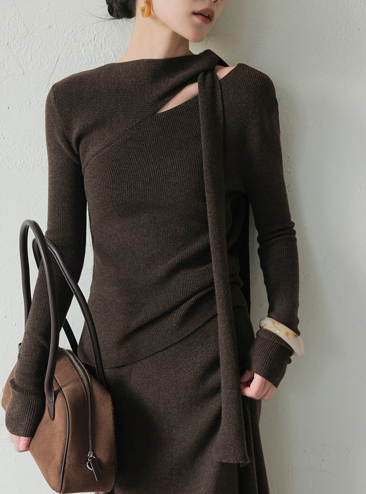 Knitted Set - Scarf Collar Top and Long Skirt