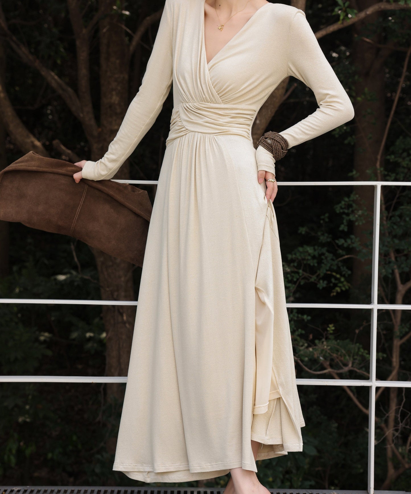 Viscose Dress - Long Sleeve V-Neck with Slit