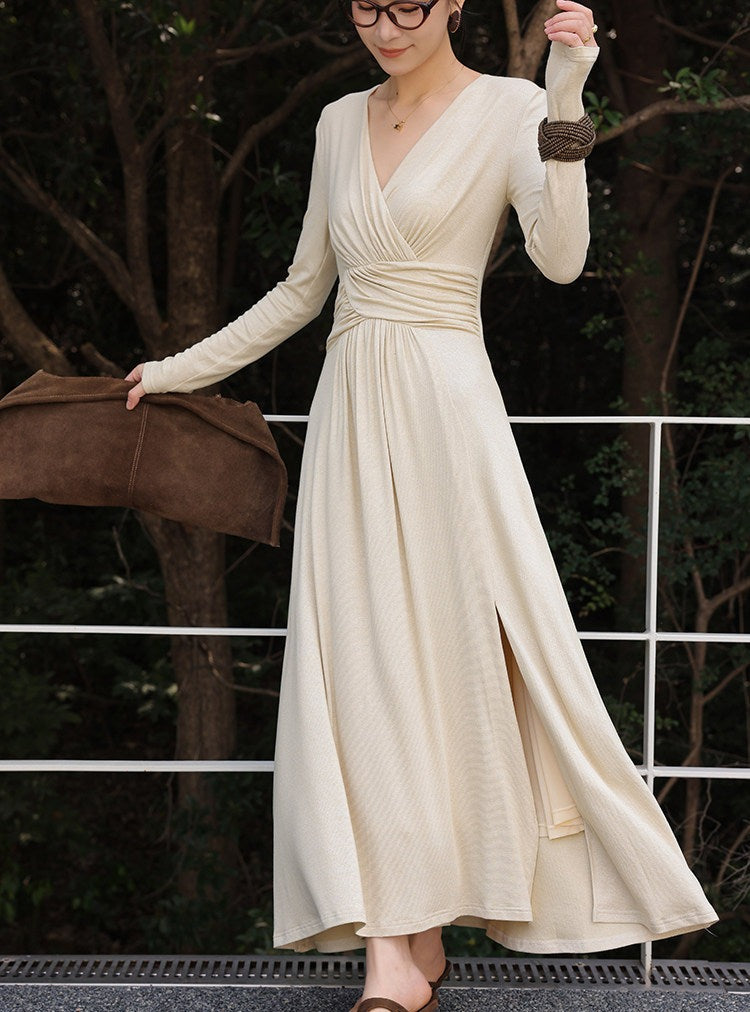 Viscose Dress - Long Sleeve V-Neck with Slit