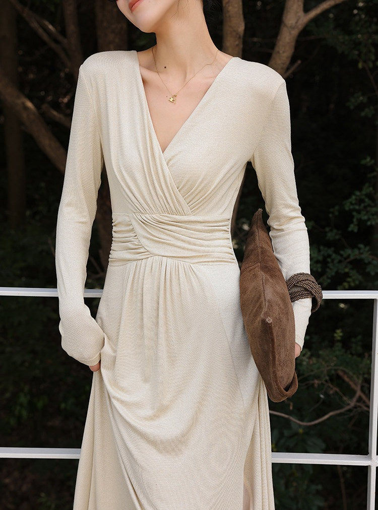 Viscose Dress - Long Sleeve V-Neck with Slit