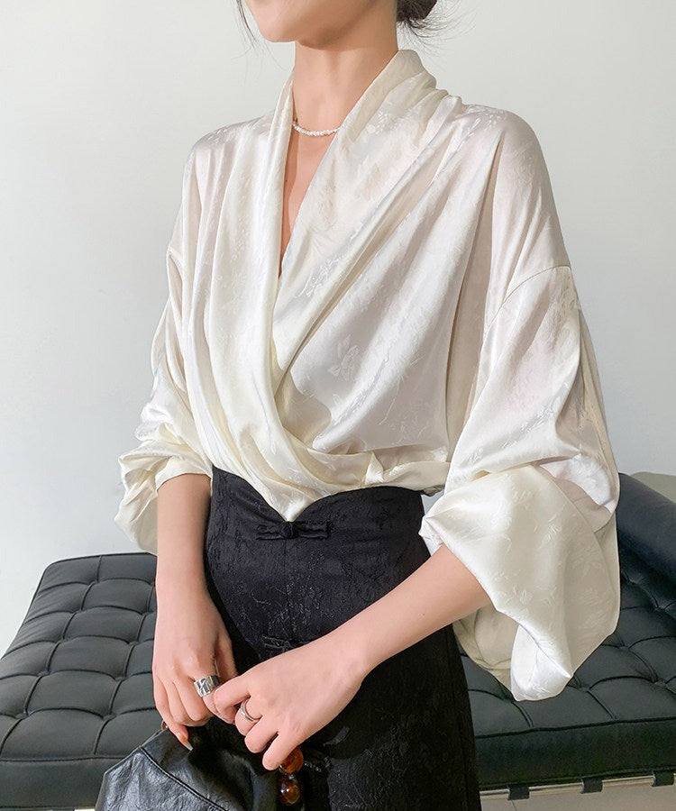 Viscose Long Sleeve V-Neck Shirt - Elegant White Top