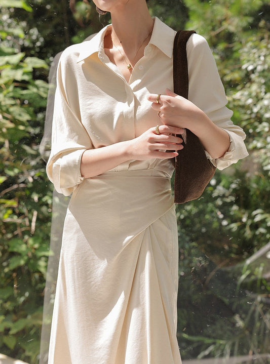 Gaun Kemeja Viskosa Beige - Desain Lengan Panjang yang Elegan