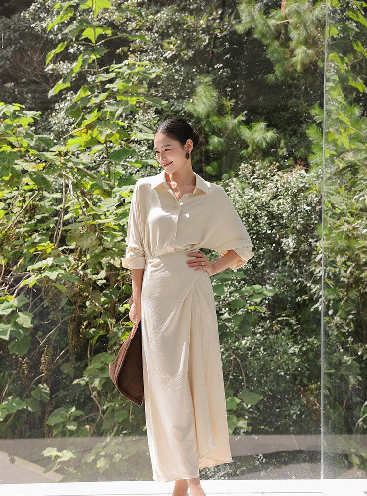 Beige Viscose Shirt Dress - Elegant Long Sleeve Design